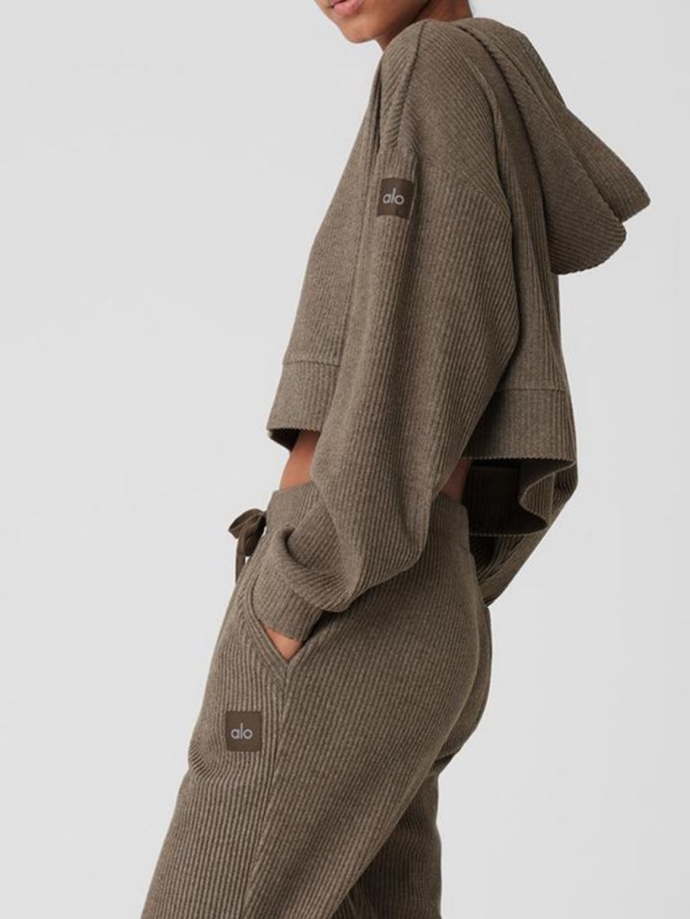 ALO Muse Yoga Cropped Hoodie and Jogger Set in Olive Brown